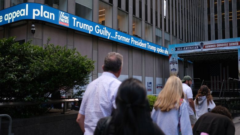 A news board displaying Donald Trump's conviction is seen at Fox News in New York City on May 30.