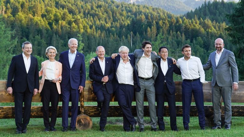 GARMISCH-PARTENKIRCHEN, GERMANY - JUNE 26: G7 leaders, (clockwise from front) Prime Minister of Italy Mario Draghi, European Union Council Commission President Ursula von der Leyen, US President Joe Biden, German Chancellor Olaf Scholz, British Prime Minister Boris Johnson, Prime Minister of Canada Justin Trudeau, Prime Minister of Japan Fumio Kishida, French President Emanuel Macron and European Union Council President Charles Michel pose for a group photo on the first day of the three-day G7 summit at Schloss Elmau on June 26, 2022 near Garmisch-Partenkirchen, Germany. Leaders of the G7 group of nations are officially coming together under the motto: "progress towards an equitable world" and will discuss global issues including war, climate change, hunger, poverty and health. Overshadowing this year’s summit is the ongoing Russian war in Ukraine. (Photo by Stefan Rousseau - Pool/Getty Images)