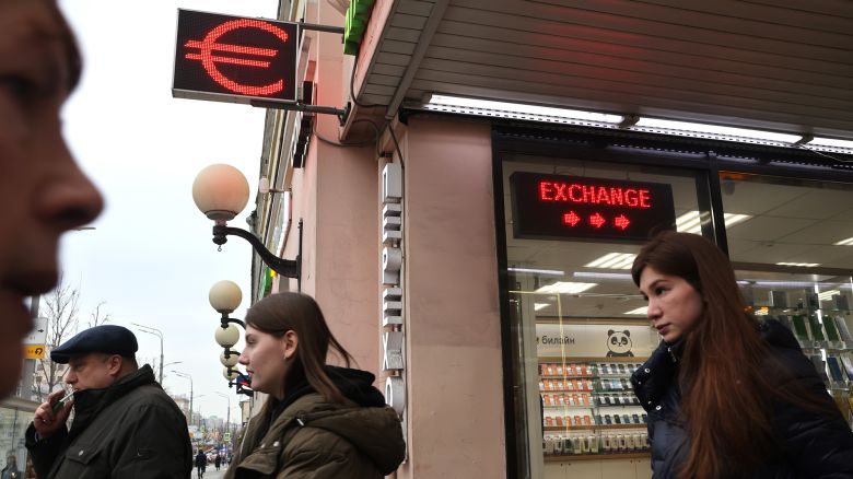 MOSCOW, RUSSIA - JANUARY 23: (RUSSIA OUT) People walk past the exchange office with the Euro sign on the facade, on January 23, 2023 in Moscow, Russia. Russia's economy is beginning to feel the weight of Western sanctions, following the start of the war against Ukraine. (Photo by Contributor/Getty Images)