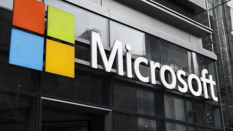 NEW YORK, NY - DECEMBER 30: The corporate logo for Microsoft is displayed on the front of their building on 8th Avenue on December 30, 2023, in New York City. (Photo by Gary Hershorn/Getty Images)